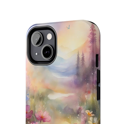 Watercolor Landscape and Wildflowers Pattern print design Tough Phone Case compatible with a large variety of phone models, Phone Case