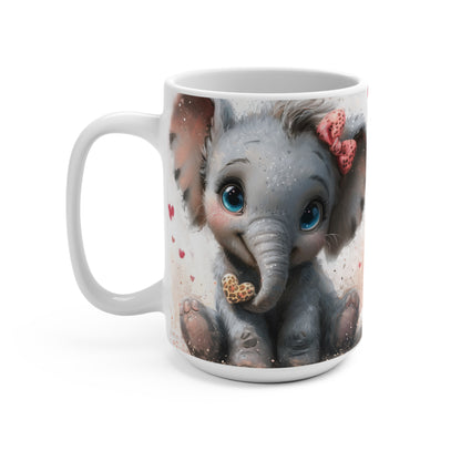 Adorable Baby Elephant Mug with Leopard Print Heart, Cute Animal Lover Coffee Cup, Pink Bow, Watercolor Art, Perfect Gift for Her, Mug 15oz