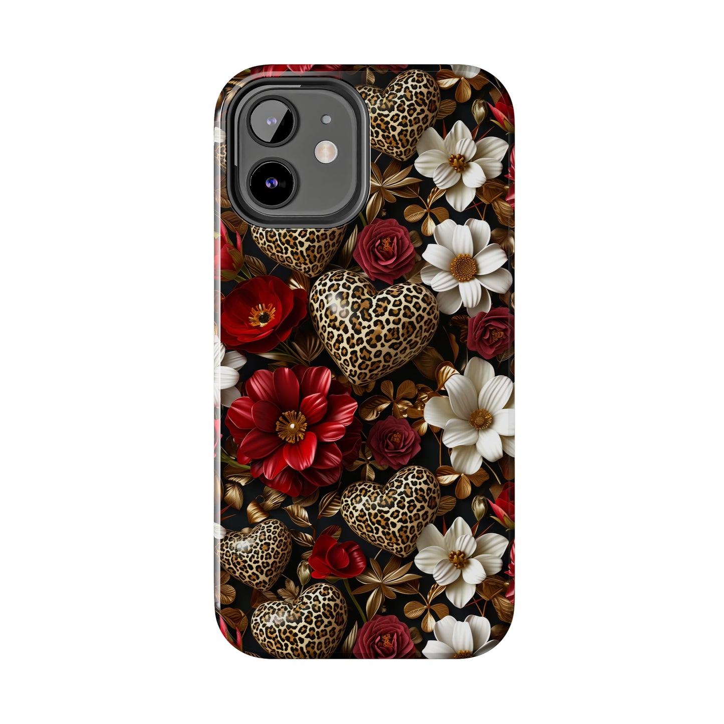 Red Gold Flowers Leopard Hearts Digital print Design Tough Phone Case compatible with a large variety of iPhone models, Gift, Phone Case