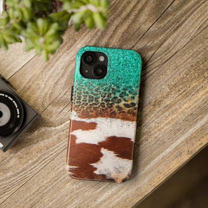 Western Cow Print, Teal, and Leopard print Design Phone Case- Lightweight, Impact Resistant Cover for iPhone 6, 6s, 12, 13, 14, 15