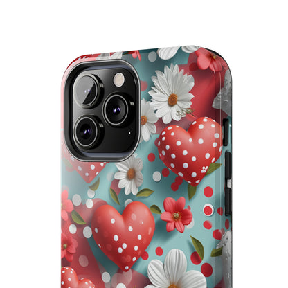 White Flowers Red Polka Dot Hearts Digital print Design Tough Phone Case compatible with a large variety of iPhone models, Gift, Phone Case