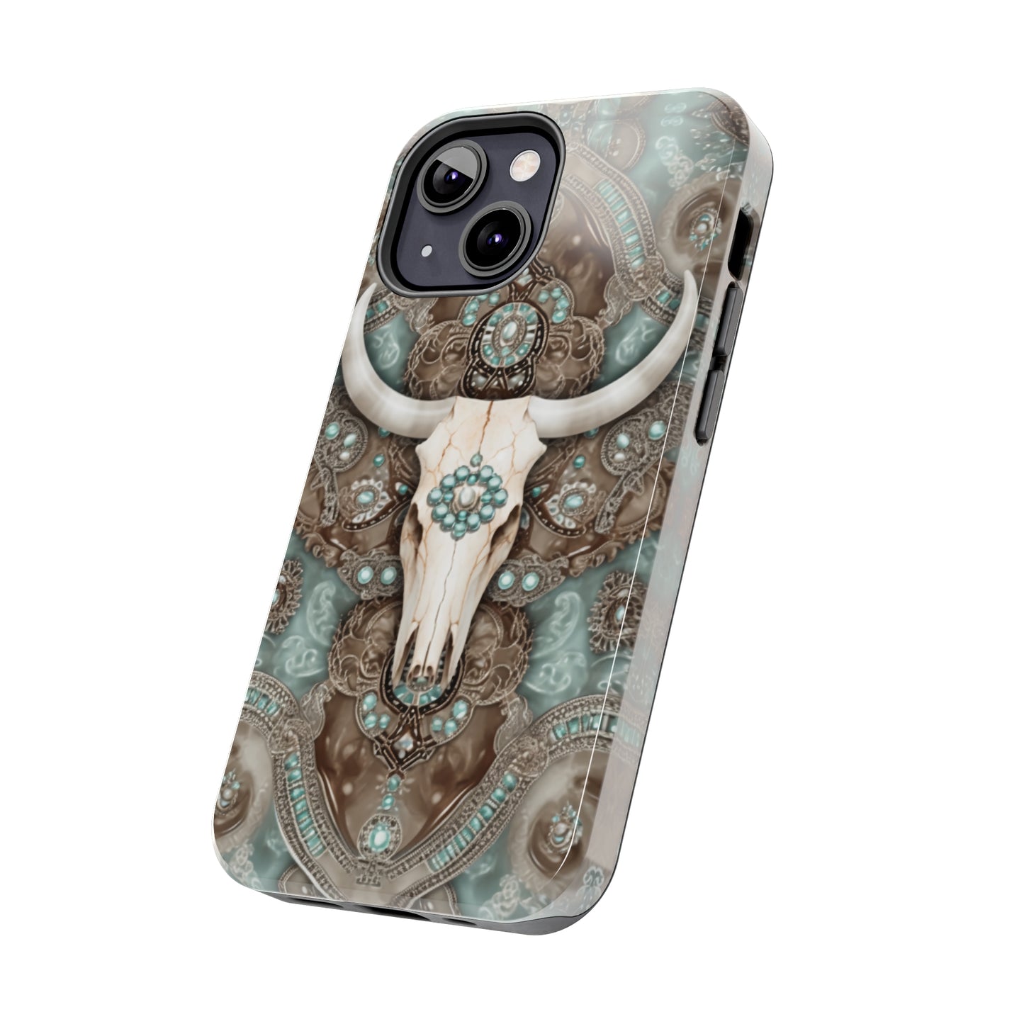 Western Cow Skull and Turquoise print design Phone Case- Lightweight, Impact Resistant Cover for iPhone 6, 6s, 12, 13, 14, 15