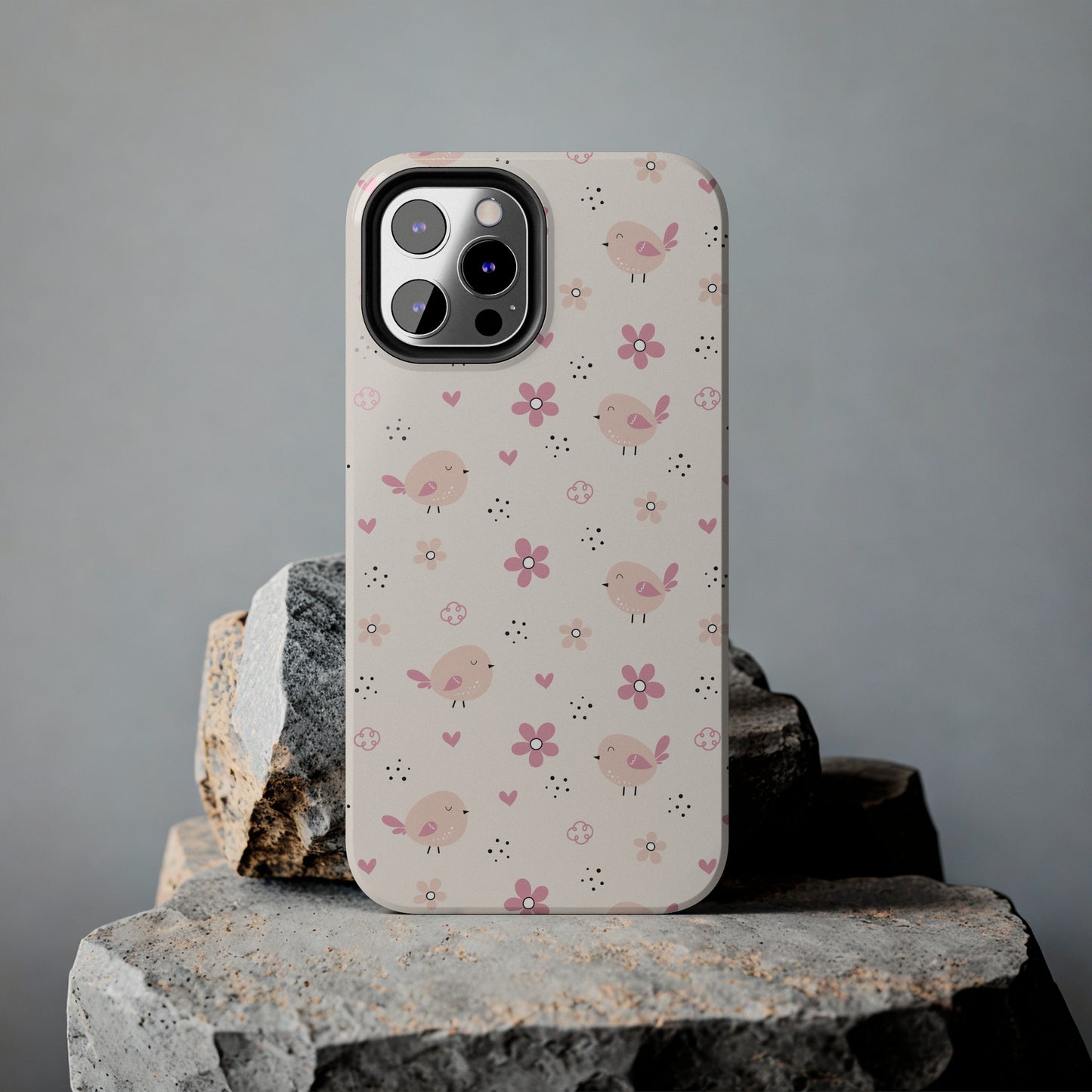 Cute Pink Birds and Flowers print design Tough Phone Case compatible with a large variety of iphone models