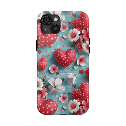 Pink White Flowers Red Hearts Digital print Design Tough Phone Case compatible with a large variety of iPhone models, Gift, Phone Case