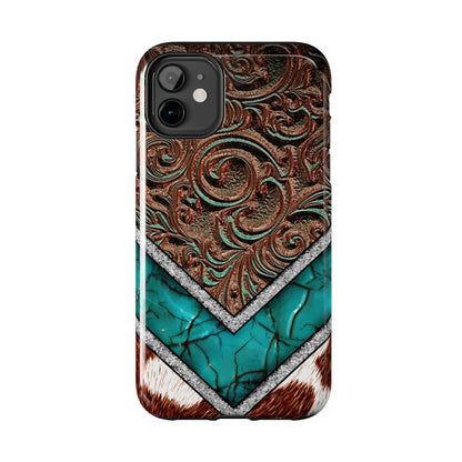 Western Cow Print, Faux Turquoise and Leather Digital print design Phone Case- Lightweight, Impact Resistant Cover for iPhone 6, 6s, 12, 13, 14, 15