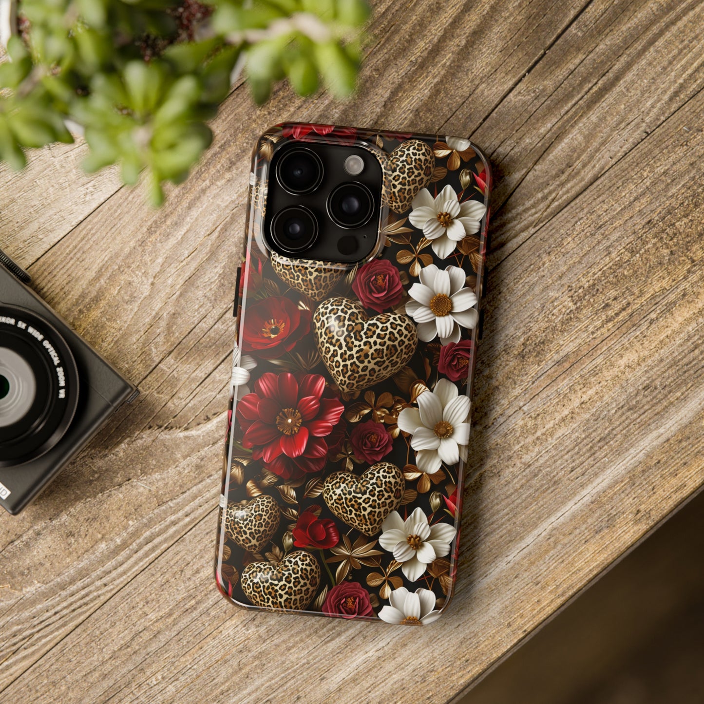 Red Gold Flowers Leopard Hearts Digital print Design Tough Phone Case compatible with a large variety of iPhone models, Gift, Phone Case