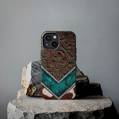 Western Cow Print, Faux Turquoise and Leather Digital print design Phone Case- Lightweight, Impact Resistant Cover for iPhone 6, 6s, 12, 13, 14, 15