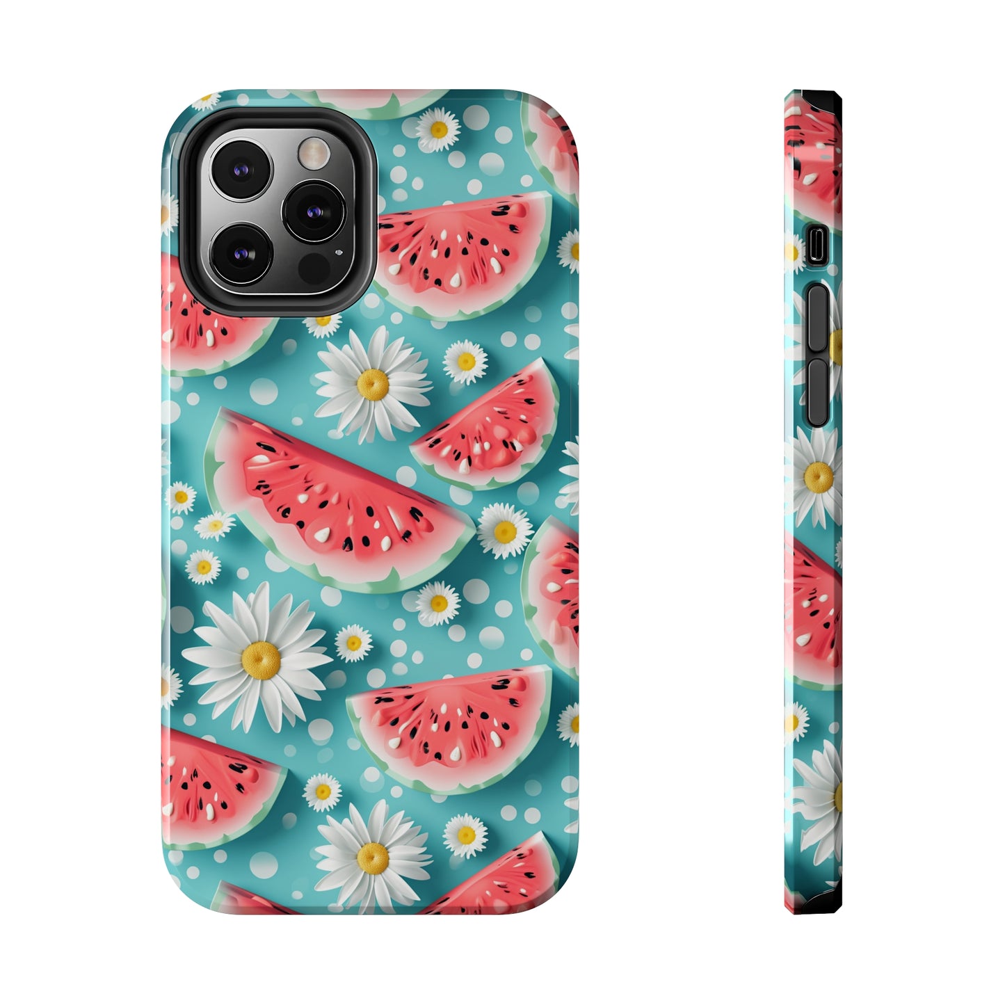 Watermelon Slices and Daisies Digital print Design Tough Phone Case compatible with a large variety of iPhone models, Gift, Phone Case