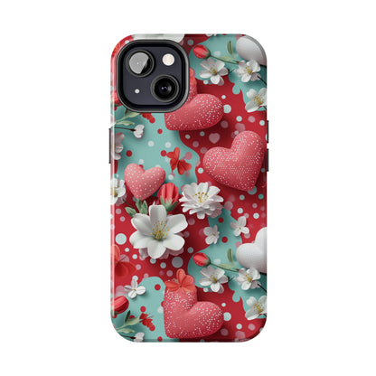 Polka Dot Hearts and Flowers Digital print Design Tough Phone Case compatible with a large variety of iPhone models, Gift, Phone Case