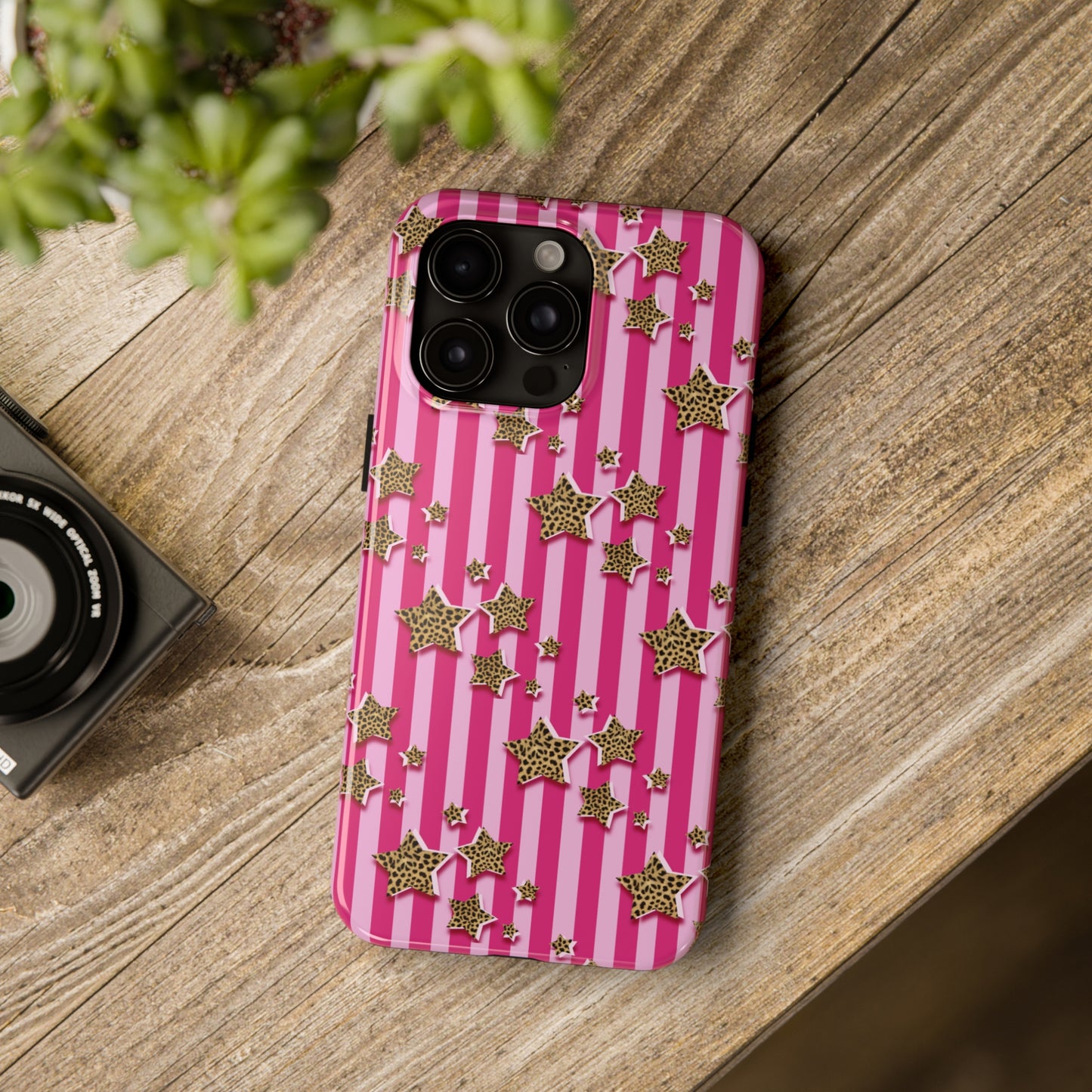 Girly Cheetah Stars and Pink Stripes Design Phone Case- Lightweight, Impact Resistant Cover for iPhone 6, 6s, 12, 13, 14, 15