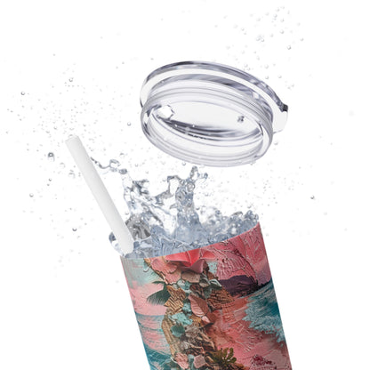 Pink Paradise Beach Collage Design Skinny Tumbler with Straw, 20oz