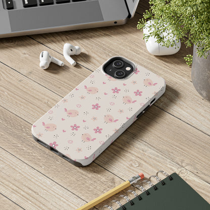 Cute Pink Birds and Flowers print design Tough Phone Case compatible with a large variety of iphone models