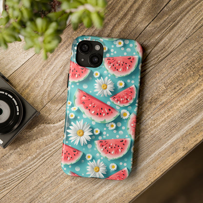 Watermelon Slices and Daisies Digital print Design Tough Phone Case compatible with a large variety of iPhone models, Gift, Phone Case