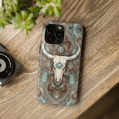 Western Cow Skull and Turquoise print design Phone Case- Lightweight, Impact Resistant Cover for iPhone 6, 6s, 12, 13, 14, 15