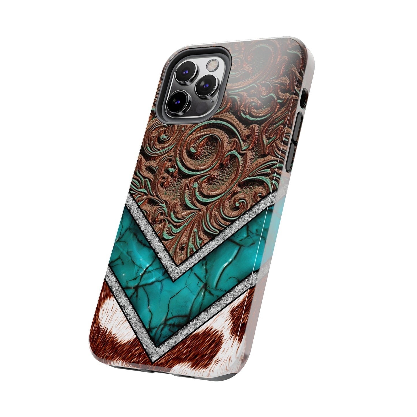 Western Cow Print, Faux Turquoise and Leather Digital print design Phone Case- Lightweight, Impact Resistant Cover for iPhone 6, 6s, 12, 13, 14, 15