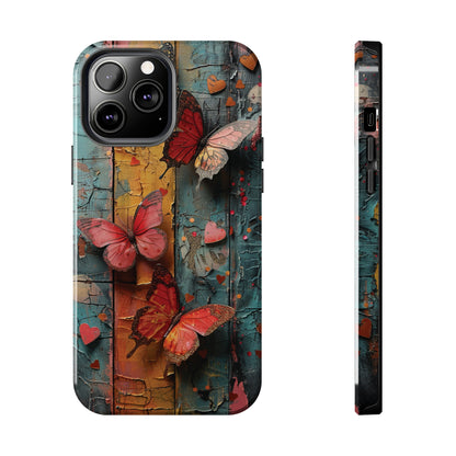 Colorful Butterfly Art on Wood texture design iPhone Case iPhone Case, Colorful Butterfly Art Protective Phone Cover, Durable Phone Accessory Gift, Chic Artsy Protective Cover, Protective Case for iPhone Models, Tough iPhone Case