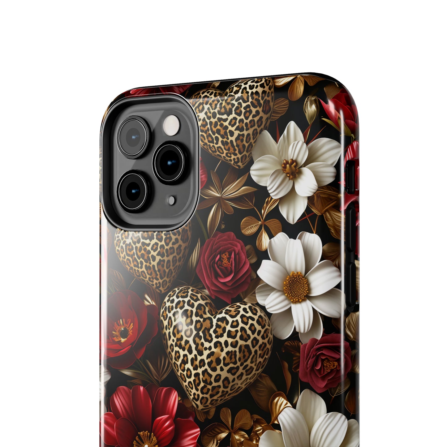 Red Gold Flowers Leopard Hearts Digital print Design Tough Phone Case compatible with a large variety of iPhone models, Gift, Phone Case