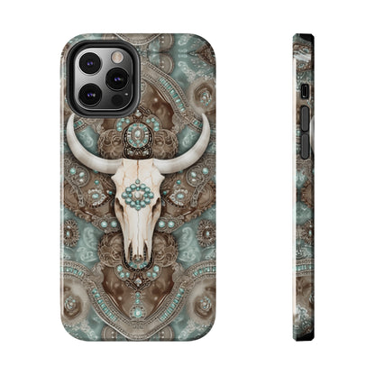 Western Cow Skull and Turquoise print design Phone Case- Lightweight, Impact Resistant Cover for iPhone 6, 6s, 12, 13, 14, 15