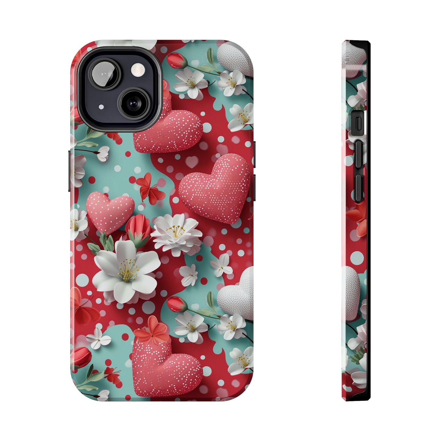 Polka Dot Hearts and Flowers Digital print Design Tough Phone Case compatible with a large variety of iPhone models, Gift, Phone Case