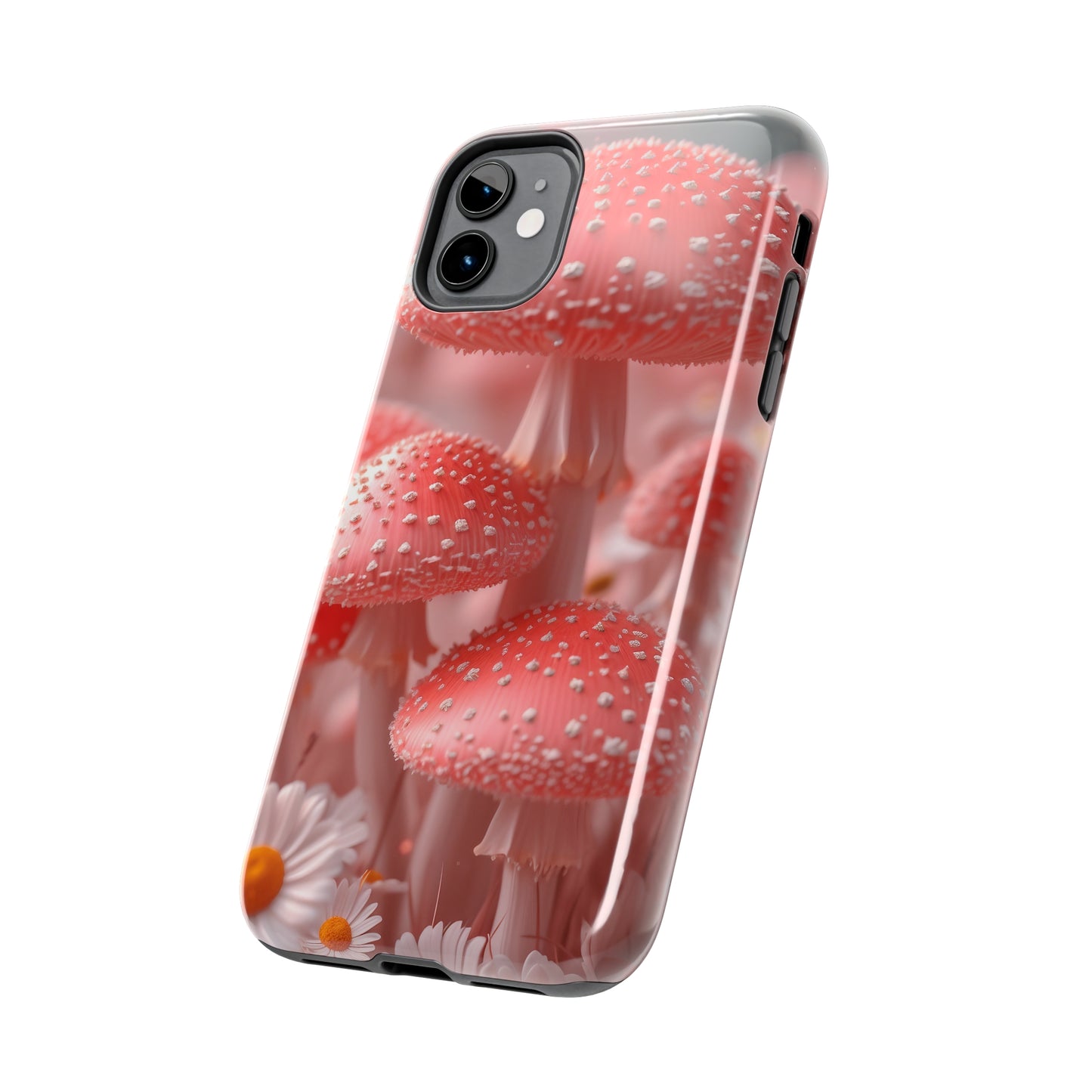 Whimsical Pink Mushrooms and Daisies Design Tough Phone Case compatible with a large variety of iPhone models, Gift, Phone Case