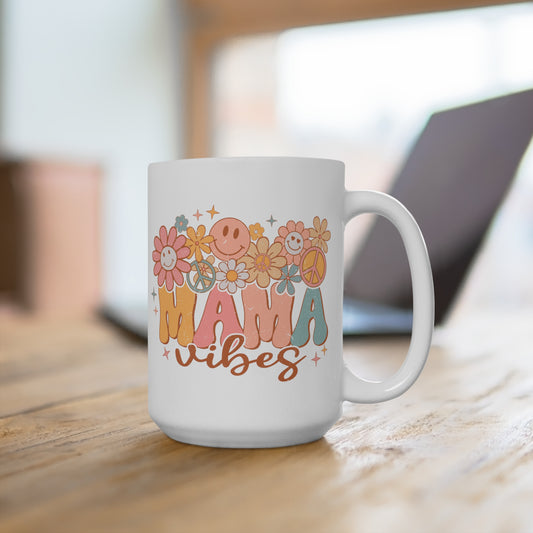 Mama Vibes Floral Peace Hippie Retro Coffee Mug, Mothers Day Gift, Boho Chic Drinkware, Colorful Flower Mug for Mom