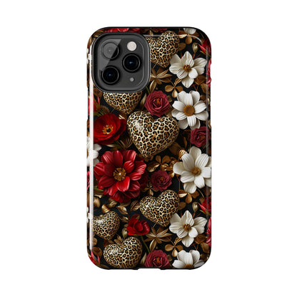 Red Gold Flowers Leopard Hearts Digital print Design Tough Phone Case compatible with a large variety of iPhone models, Gift, Phone Case