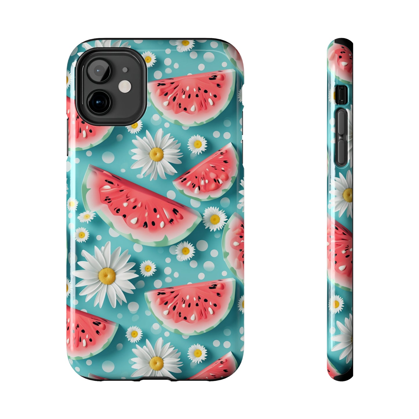 Watermelon Slices and Daisies Digital print Design Tough Phone Case compatible with a large variety of iPhone models, Gift, Phone Case