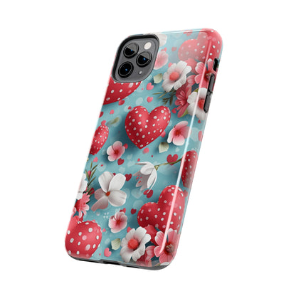 Pink White Flowers Red Hearts Digital print Design Tough Phone Case compatible with a large variety of iPhone models, Gift, Phone Case