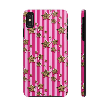 Girly Cheetah Stars and Pink Stripes Design Phone Case- Lightweight, Impact Resistant Cover for iPhone 6, 6s, 12, 13, 14, 15