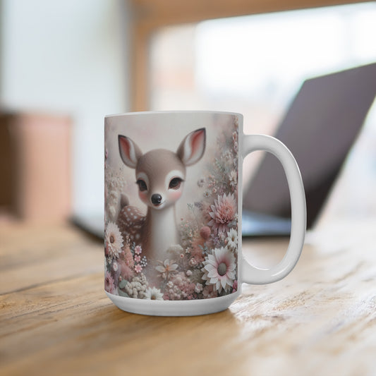 Whimsical Fawn Floral Mug, Cute Deer Coffee Cup, Pastel Flower Garden, Nature Inspired Tea Mug, Unique Gift for Animal Lovers