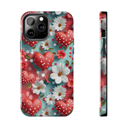 White Flowers Red Polka Dot Hearts Digital print Design Tough Phone Case compatible with a large variety of iPhone models, Gift, Phone Case