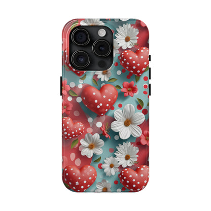 White Flowers Red Polka Dot Hearts Digital print Design Tough Phone Case compatible with a large variety of iPhone models, Gift, Phone Case