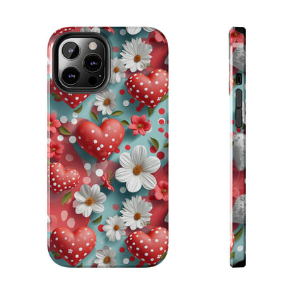 White Flowers Red Polka Dot Hearts Digital print Design Tough Phone Case compatible with a large variety of iPhone models, Gift, Phone Case