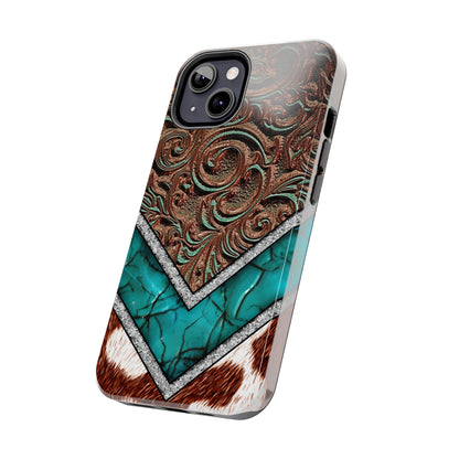 Western Cow Print, Faux Turquoise and Leather Digital print design Phone Case- Lightweight, Impact Resistant Cover for iPhone 6, 6s, 12, 13, 14, 15