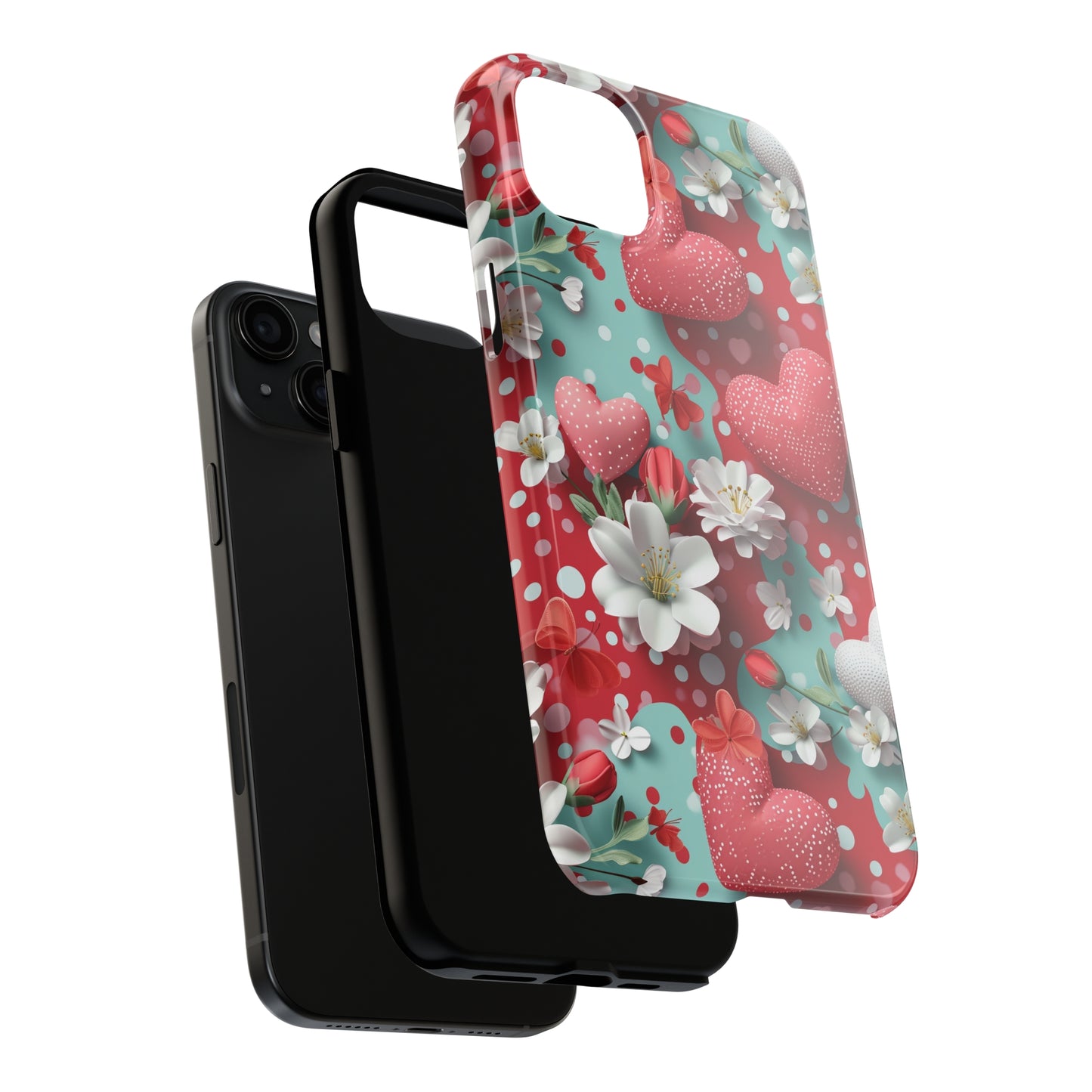 Polka Dot Hearts and Flowers Digital print Design Tough Phone Case compatible with a large variety of iPhone models, Gift, Phone Case