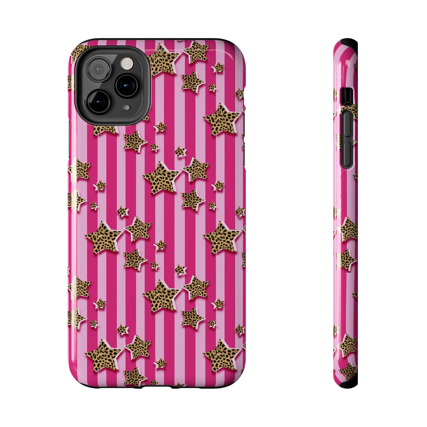 Girly Cheetah Stars and Pink Stripes Design Phone Case- Lightweight, Impact Resistant Cover for iPhone 6, 6s, 12, 13, 14, 15