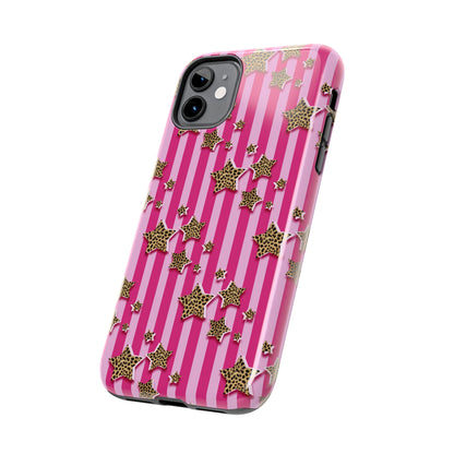 Girly Cheetah Stars and Pink Stripes Design Phone Case- Lightweight, Impact Resistant Cover for iPhone 6, 6s, 12, 13, 14, 15