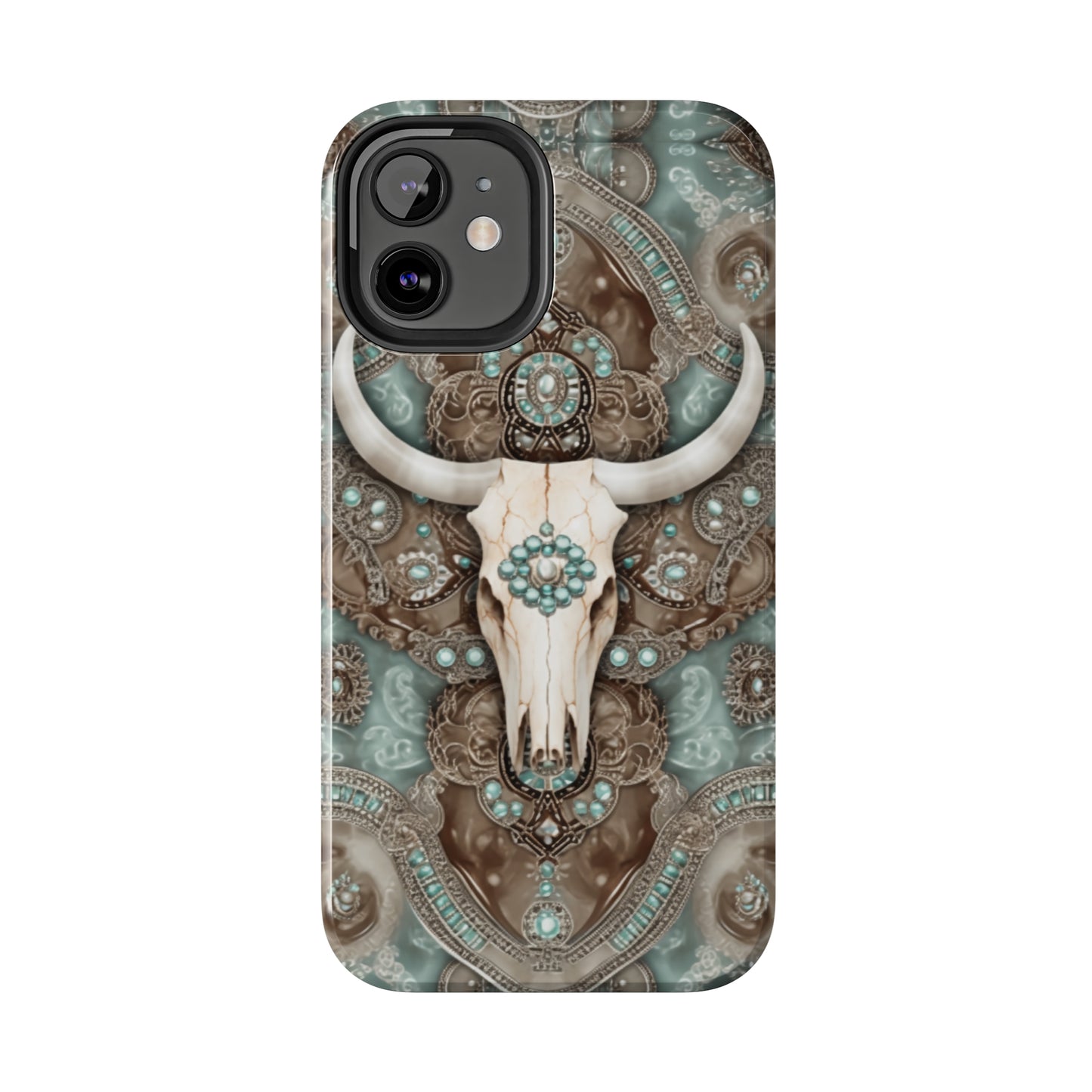 Western Cow Skull and Turquoise print design Phone Case- Lightweight, Impact Resistant Cover for iPhone 6, 6s, 12, 13, 14, 15