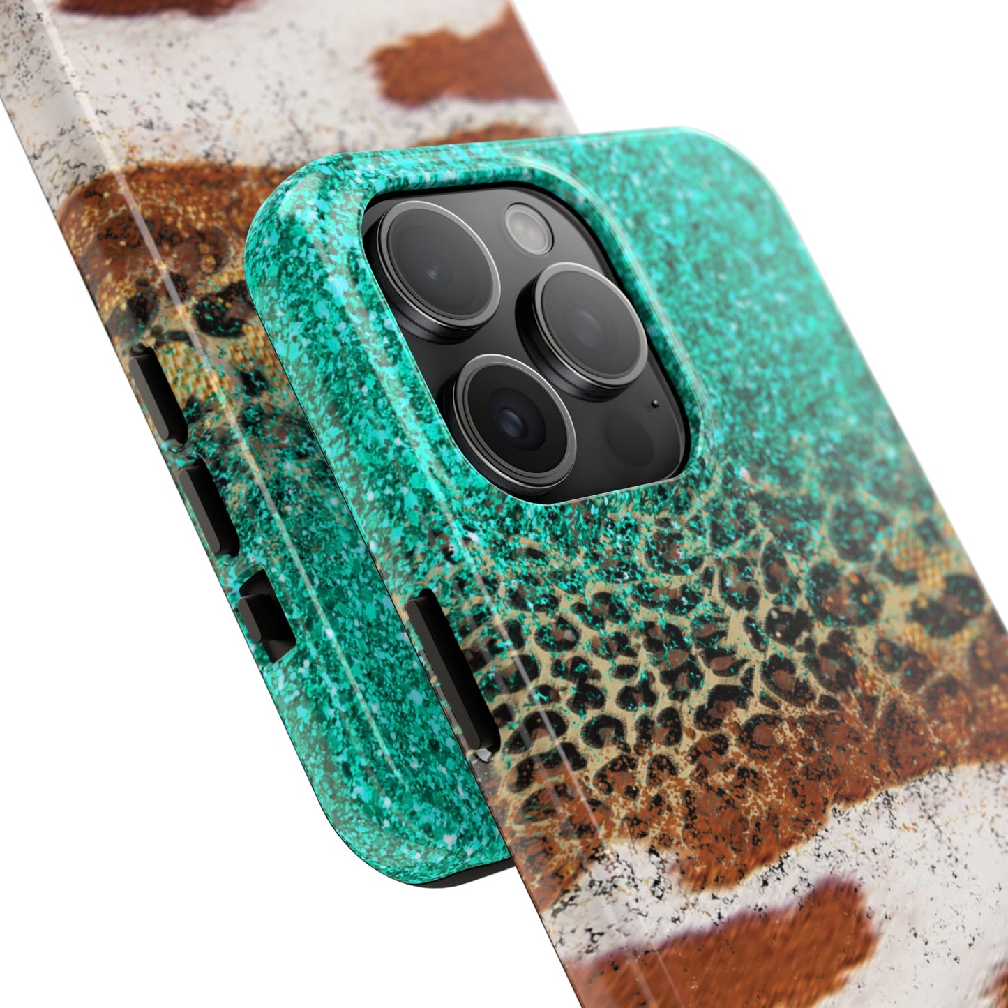 Western Cow Print, Teal, and Leopard print Design Phone Case- Lightweight, Impact Resistant Cover for iPhone 6, 6s, 12, 13, 14, 15