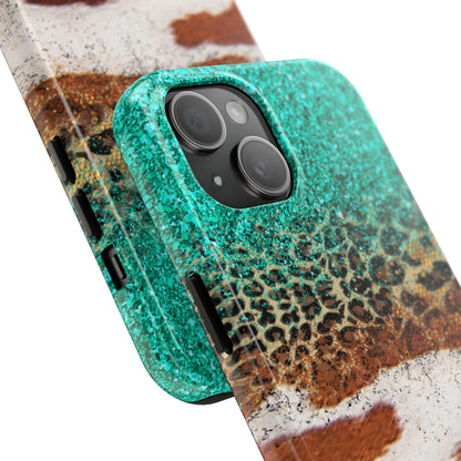 Western Cow Print, Teal, and Leopard print Design Phone Case- Lightweight, Impact Resistant Cover for iPhone 6, 6s, 12, 13, 14, 15