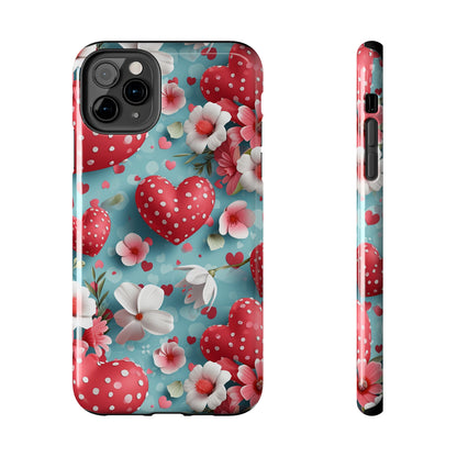 Pink White Flowers Red Hearts Digital print Design Tough Phone Case compatible with a large variety of iPhone models, Gift, Phone Case