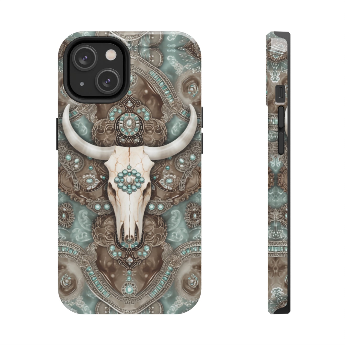 Western Cow Skull and Turquoise print design Phone Case- Lightweight, Impact Resistant Cover for iPhone 6, 6s, 12, 13, 14, 15