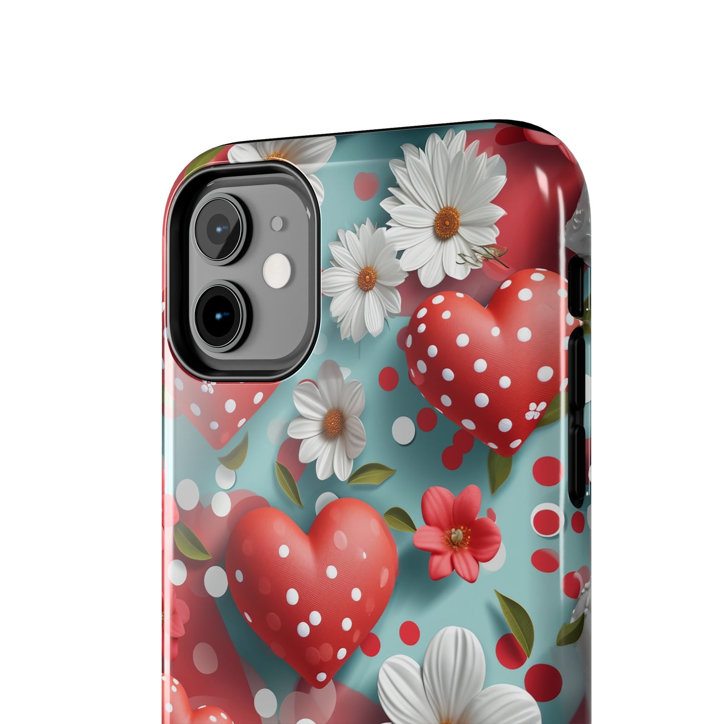 White Flowers Red Polka Dot Hearts Digital print Design Tough Phone Case compatible with a large variety of iPhone models, Gift, Phone Case