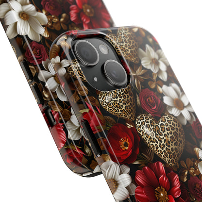 Red Gold Flowers Leopard Hearts Digital print Design Tough Phone Case compatible with a large variety of iPhone models, Gift, Phone Case