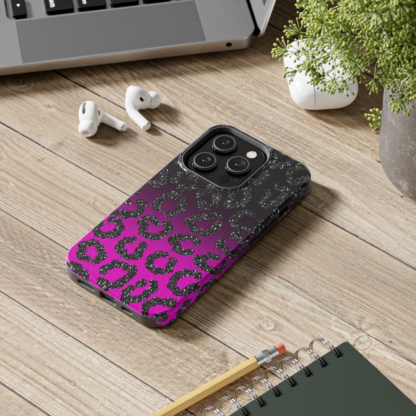 Pink and Black Ombre Leopard Design Phone Case- Lightweight, Impact Resistant Cover for iPhone 6, 6s, 12, 13, 14, 15