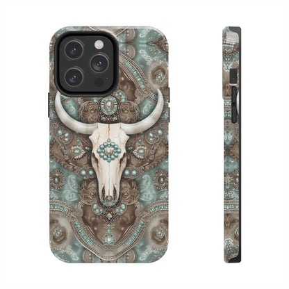 Western Cow Skull and Turquoise print design Phone Case- Lightweight, Impact Resistant Cover for iPhone 6, 6s, 12, 13, 14, 15