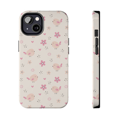 Cute Pink Birds and Flowers print design Tough Phone Case compatible with a large variety of iphone models