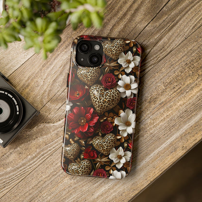 Red Gold Flowers Leopard Hearts Digital print Design Tough Phone Case compatible with a large variety of iPhone models, Gift, Phone Case