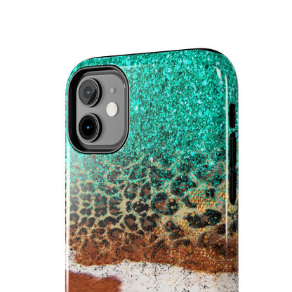 Western Cow Print, Teal, and Leopard print Design Phone Case- Lightweight, Impact Resistant Cover for iPhone 6, 6s, 12, 13, 14, 15