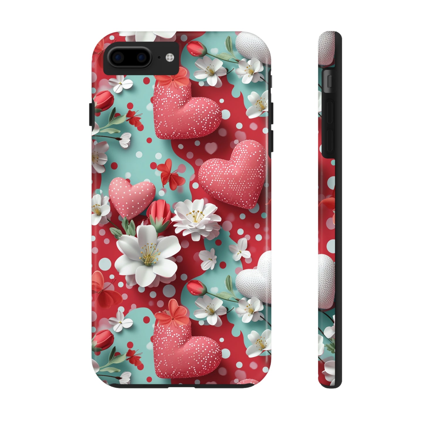 Polka Dot Hearts and Flowers Digital print Design Tough Phone Case compatible with a large variety of iPhone models, Gift, Phone Case